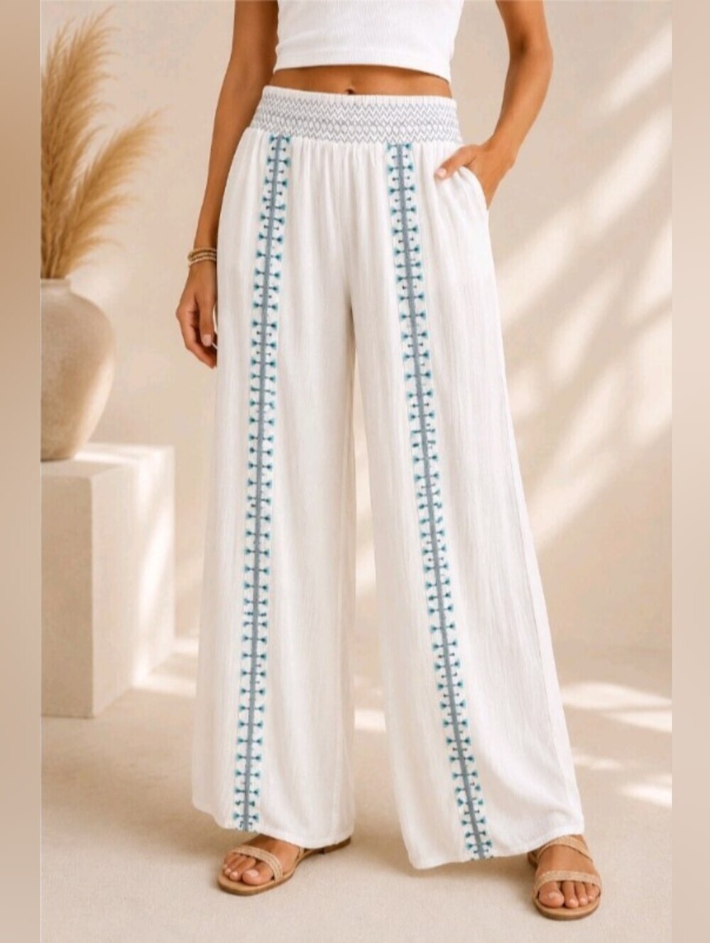 Goa Beachwear by Japna White Embroidered Wide Leg Resort Pants Size L